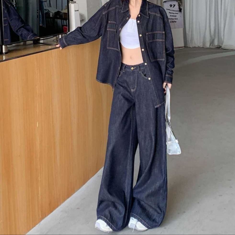デニムセットアップ クラシカル長袖シャツ＆ワイドパンツ 大人カジュアル ゆったり高見え2点セット