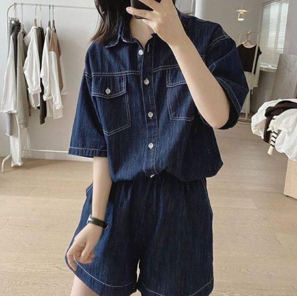 デニムセットアップ クラシカル半袖シャツ＋ショートパンツ きれいめかわいい万能2点セット