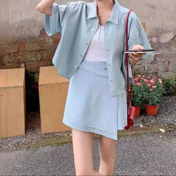 デニムセットアップ ゆったり半袖シャツ&ラップデザインスカパン 夏向けレトロフェミニン2点セット