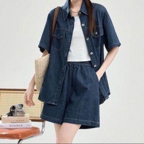 デニムセットアップ シンプル半袖シャツ+ショートパンツ きれいめカジュアル ゆったり濃紺上下セット