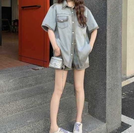 デニムセットアップ ゆったり半袖シャツ×ショートパンツ レトロカジュアル 配色切替コーデセット