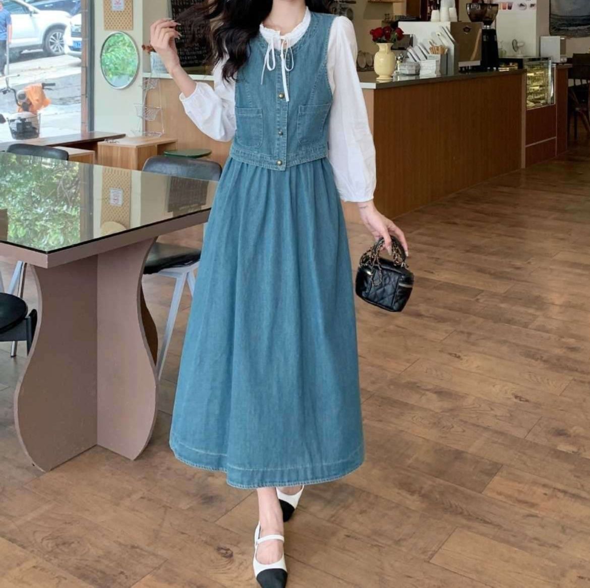 デニムセットアップ クラシカルベスト＆白ブラウス＆フレアロングスカート 大人可愛い レトロフェミニン3点セット