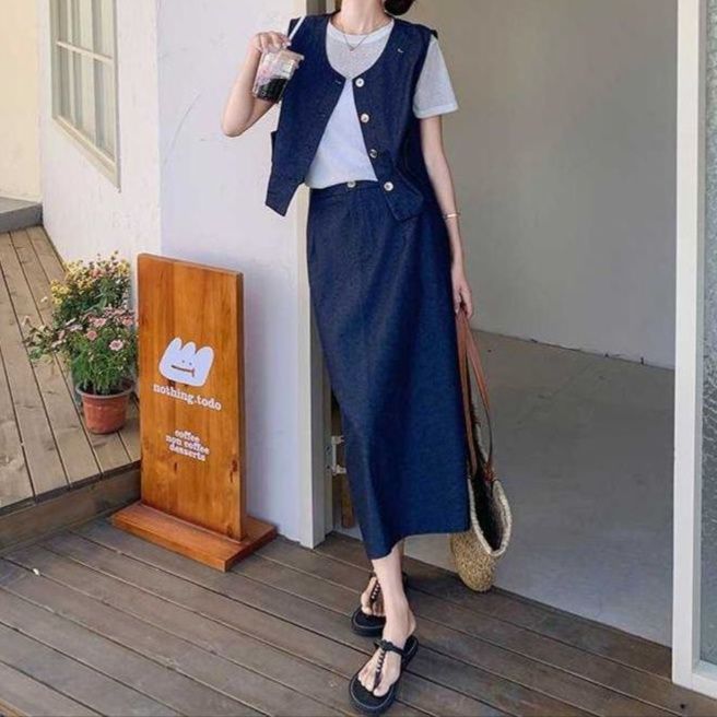 デニムセットアップ レトロベスト＆Tシャツ＆ロングスカート 大人カジュアル フレンチフェミニン3点セット