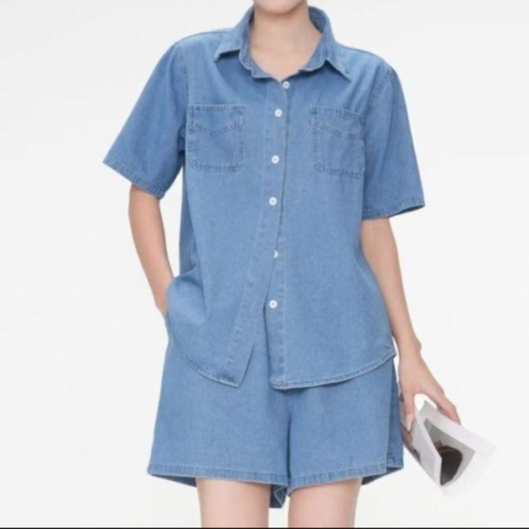 デニムセットアップ ゆったり半袖シャツ＋ショートパンツ シンプル万能 夏のゆるかわ上下セット