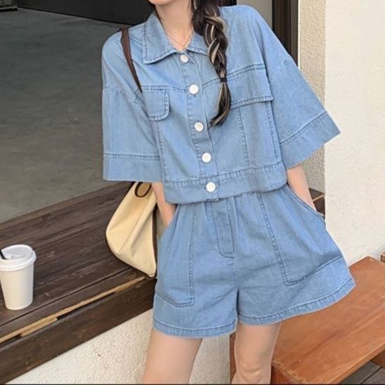 デニムセットアップ ワイド五分袖ジャケット×ショートパンツ ゆる可愛い 爽やかカジュアル2点セット