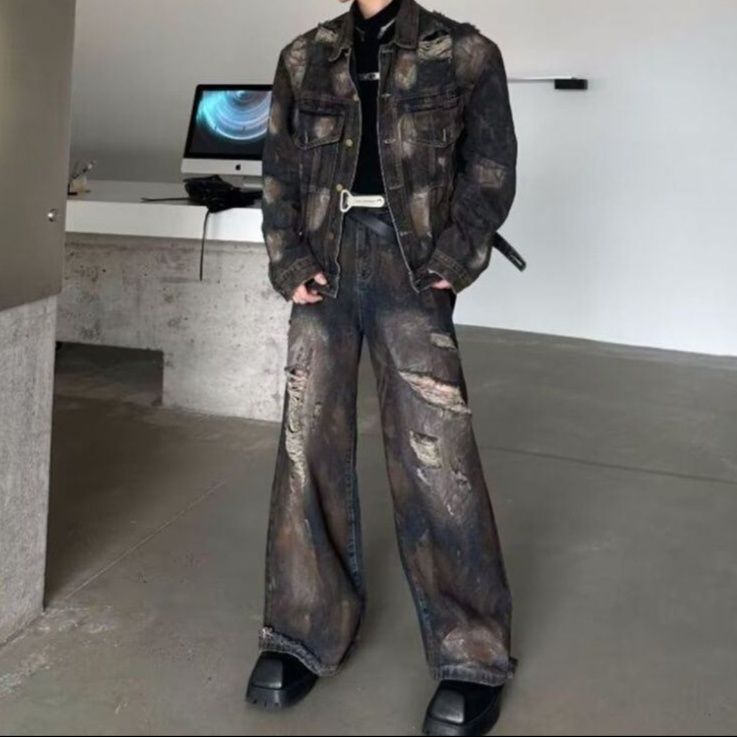 ダメージ加工ブラックジャケット×ワイドパンツ メンズ向け 廃墟系ユニークデニムセットアップ（上下別売り）