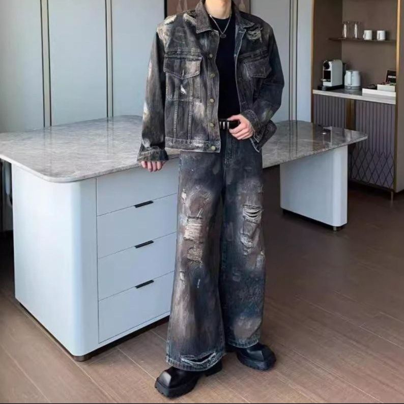 デニムセットアップ ペイント加工ジャケット＋ワイドパンツ メンズ向け 古着風ルーズフィット2点セット