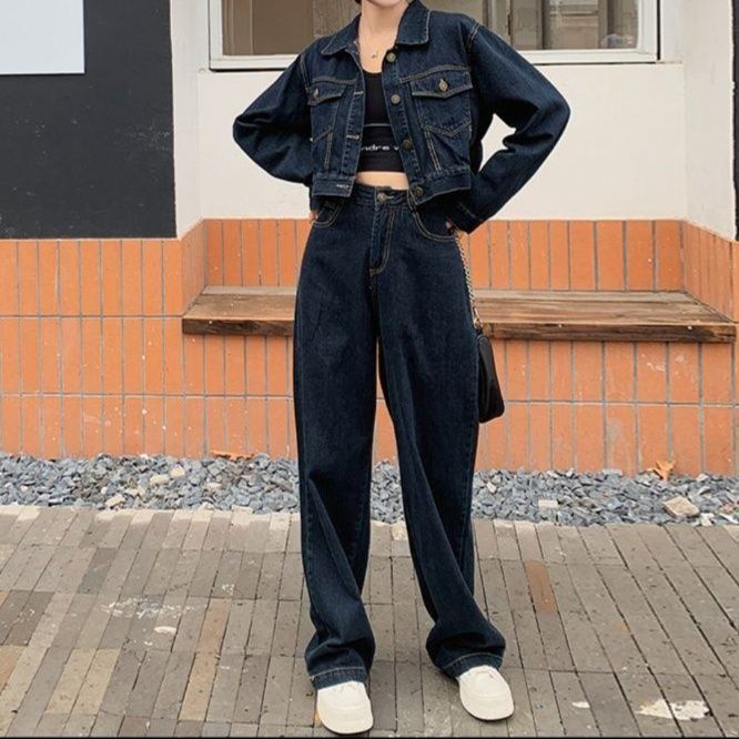 ダークデニム ジャケット＆パンツセット ダークデニムセットアップ シンプルショートジャケット×ワイドロング