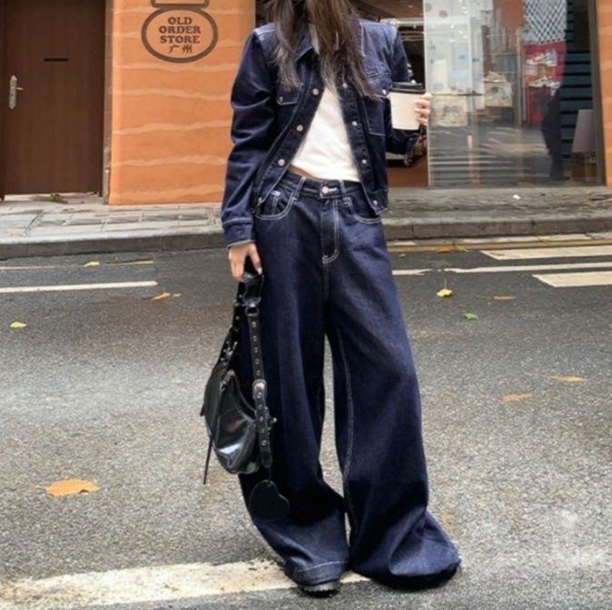 細見えデニムジャケット&ワイドロングパンツ 小柄さん向け 高見え濃紺デニムセットアップ(上下別売り)