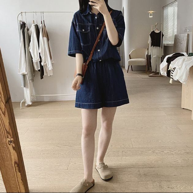 リラックスデニム半袖シャツ×ワイドショートパンツ ゆったり薄手 塩系細見えセットアップ