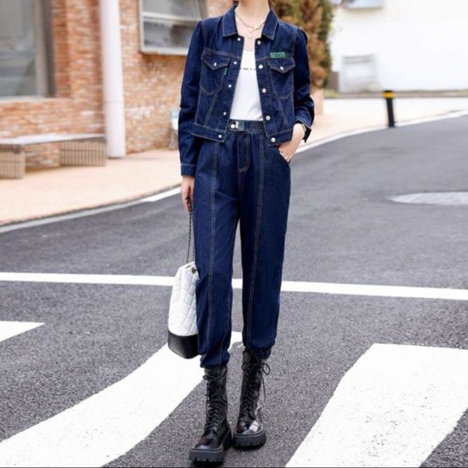 デニムセットアップ ステッチショートジャケット×ジョガー風パンツ 細見えワークテイスト 大人カジュアルコーデセット