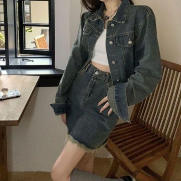 デニムセットアップ カットオフショートジャケット×Aラインミニスカート 大人可愛い ヴィンテージカジュアル2点セット