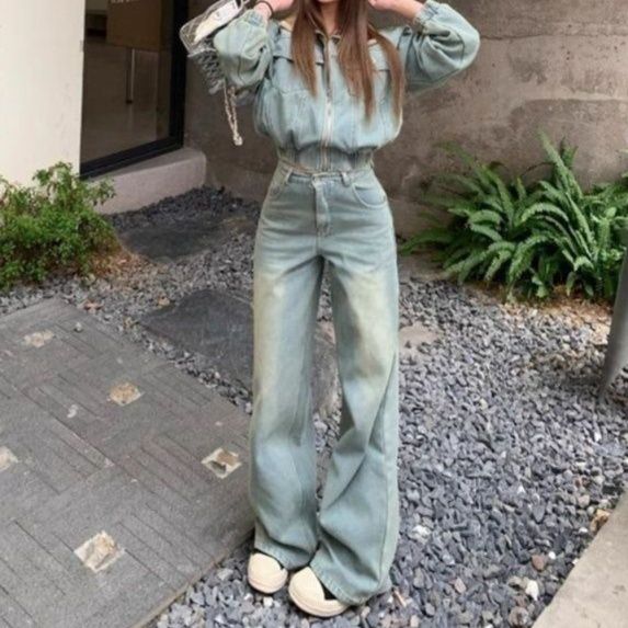 裏起毛コンパクトジャケット×ワイドパンツ 着回し抜群 ゆったりストリート系デニムセットアップ（上下別売り）