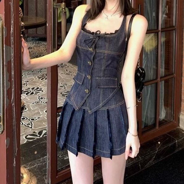 デニムセットアップ ノースリーブトップス＆プリーツミニスカート 夏映え甘辛 レトロフェミニン2点セット