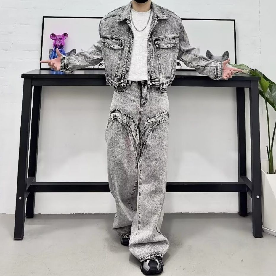 ヴィンテージ加工グレーデニムショートジャケット×ワイドパンツ メンズ向け 個性派アメカジ系セットアップ