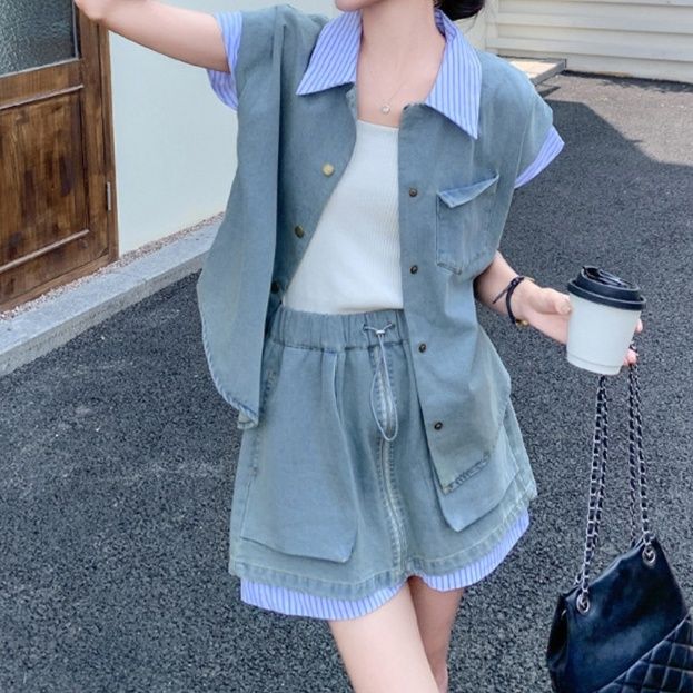 デニムセットアップ ストライプ切替半袖シャツ＆ハイウエストミニスカート デザイン性◎ 夏の爽やか抜け感2点セット