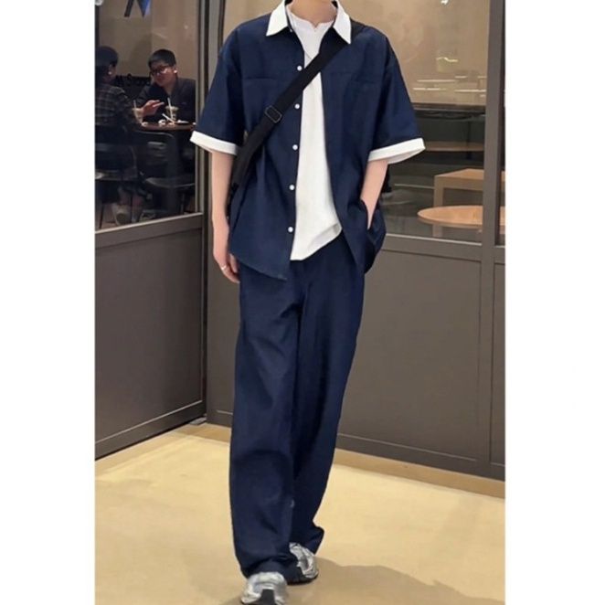 配色襟デザイン半袖シャツ＆デニムロングパンツ メンズ夏向け 韓国風クールカジュアルセットアップ