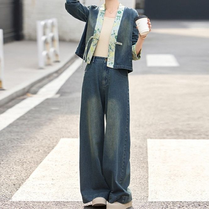 デニムセットアップ 花柄切替ジャケット＆ワイドパンツ 存在感のあるヴィンテージ風モダンチャイナ2点セット