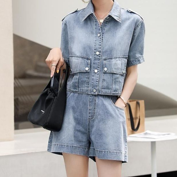 デニムセットアップ 半袖ショートジャケット＆ショートパンツ 夏のトレンド 香港レトロ風ワークテイスト2点セット