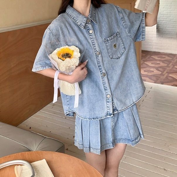 デニムセットアップ ゆったり半袖シャツ＆プリーツミニスカート 夏向け薄手素材 華奢見え甘辛MIX2点セット