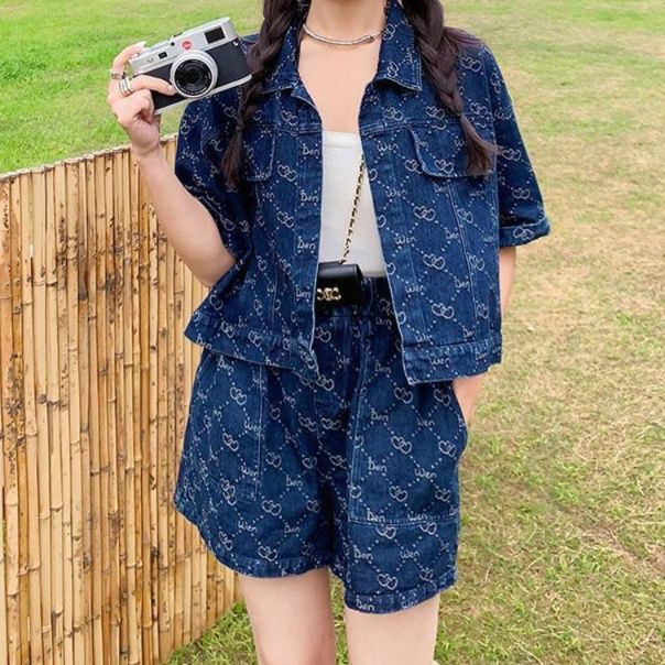 デニムセットアップ 総柄ショート丈半袖ジャケット＆ハイウエストショートパンツ 夏の高見えカジュアル2点セット