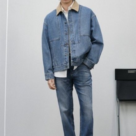 配色切替デニムジャケット＆ストレートパンツ メンズ向け 色落ち加工