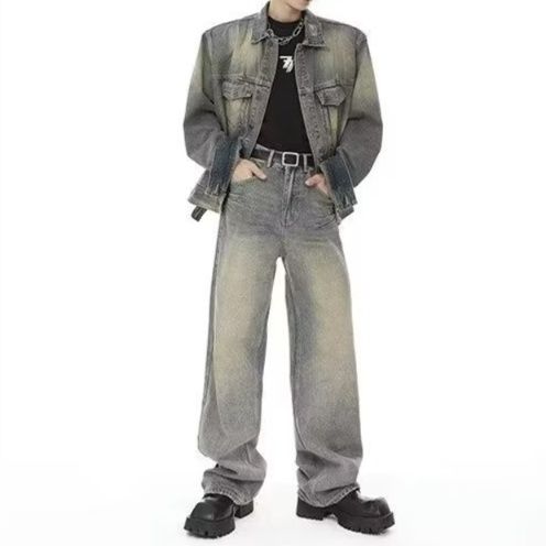 デニムセットアップ ヴィンテージ加工シャツジャケット×ワイドパンツ メンズ向け ゆったりちょいワル系2点セット