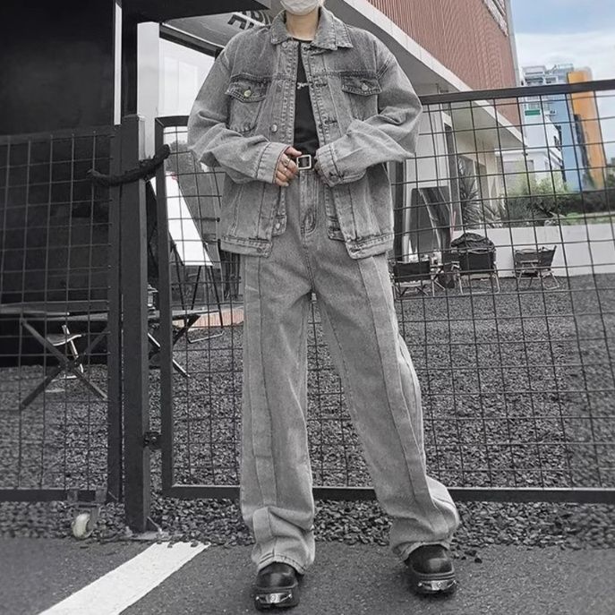 ヴィンテージ加工オーバーサイズジャケット×ワイドストレートパンツ メンズ向け 個性派アメカジ系グレーデニムセットアップ