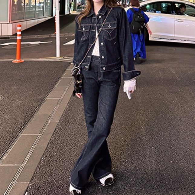 ダークデニムセットアップ ベーシックスタイルジャケット＆ワイドストレートパンツ 細見えアメカジ系2点セット