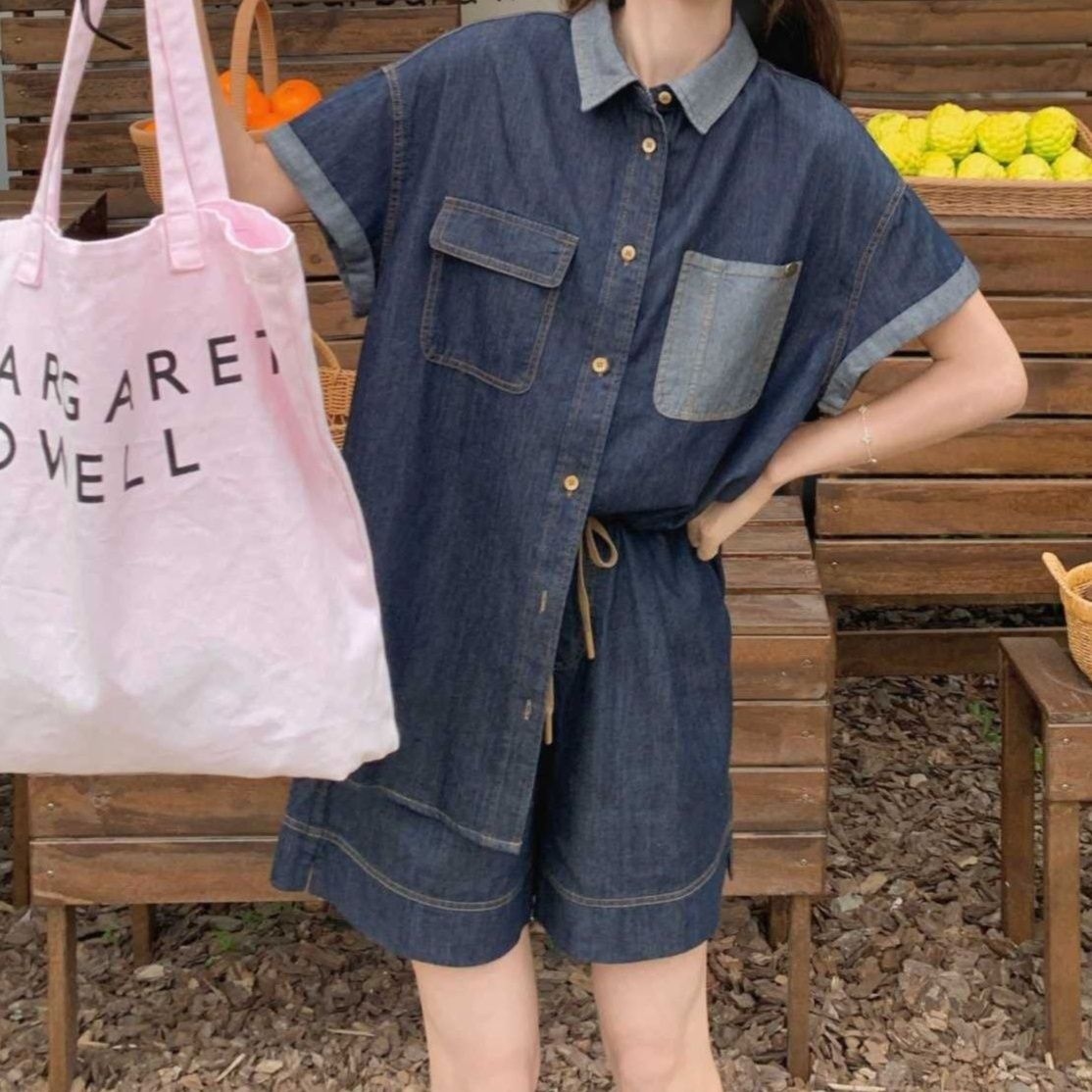 デニムセットアップ カラー切替半袖シャツ＆ショートパンツ ゆる可愛い垢抜けカジュアル2点セット