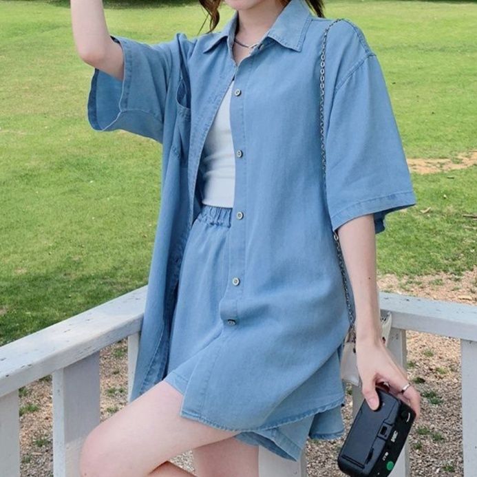デニムセットアップ ゆったり半袖デニムシャツ＆ショートパンツ 夏のゆるかわドーパミンコーデセット
