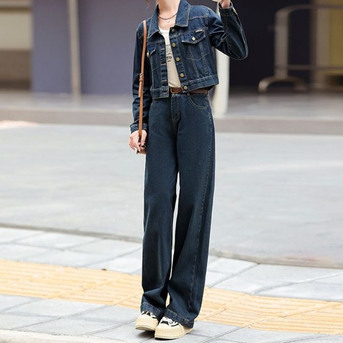 デニムセットアップ クラシカルショートジャケット＆ワイドストレートパンツ ファッション性◎ 香港風高見え2点セット
