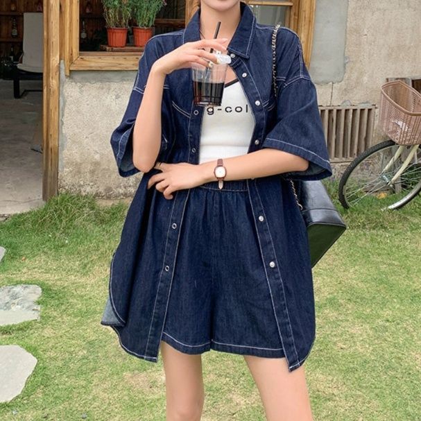 オーバーサイズ半袖シャツ＆ワイドショートパンツ ゆったりきれいめ 夏向けネイビーデニムセットアップ