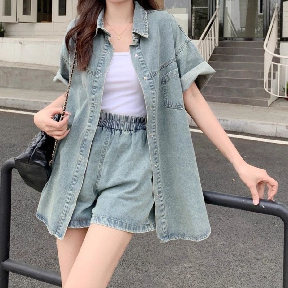 デニムセットアップ オーバーサイズ半袖シャツ＆ショートパンツ 夏向け レトロ風 ゆったりカジュアル2点セット