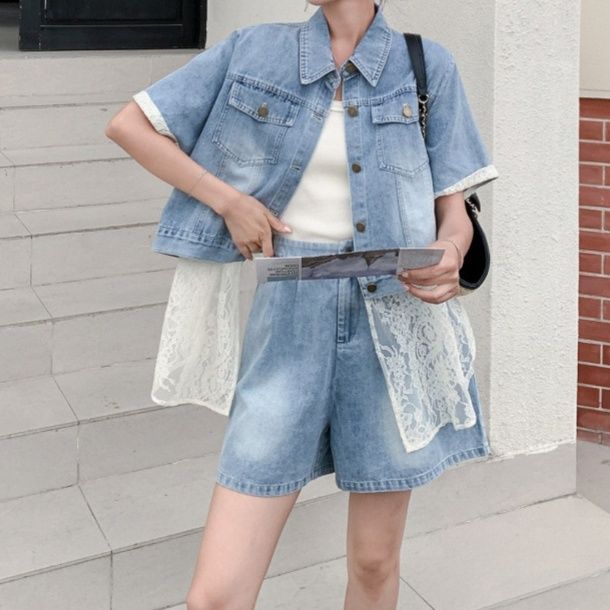 デニムセットアップ レース切替半袖シャツジャケット＆ワイドショートパンツ ウォッシュ加工 夏向け甘辛ミックス2点セット