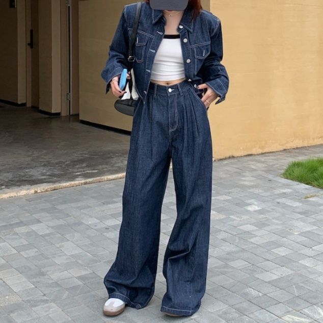デニムセットアップ ショート丈シャツジャケット&ハイウエストワイドパンツ ゆったり春秋向け シックなかっこいい系2点セット