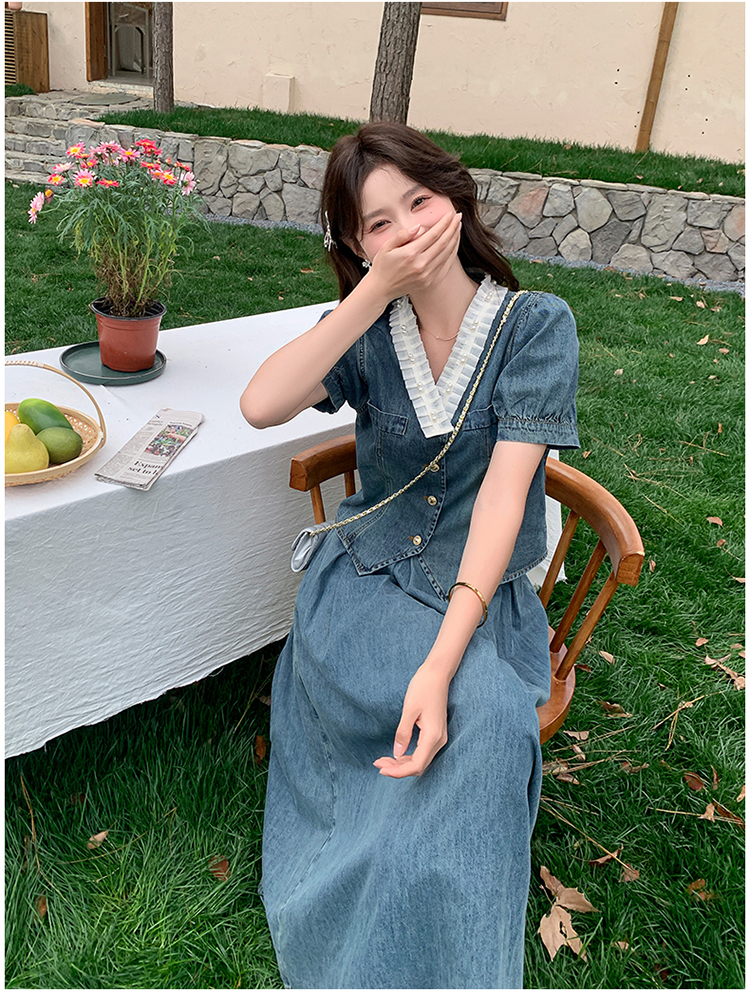 デニムセットアップ パフスリーブ優美スカートセット