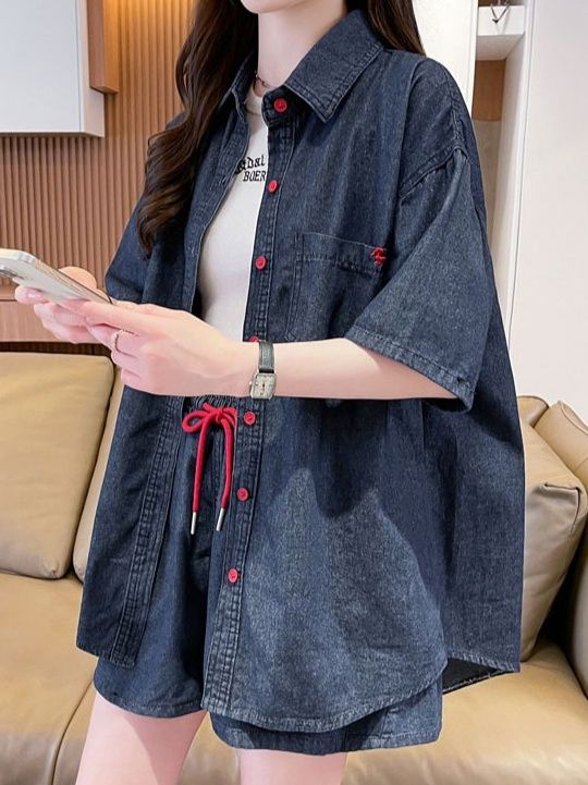 デニムセットアップ 半袖デニムシャツとショートパンツのセットアップ