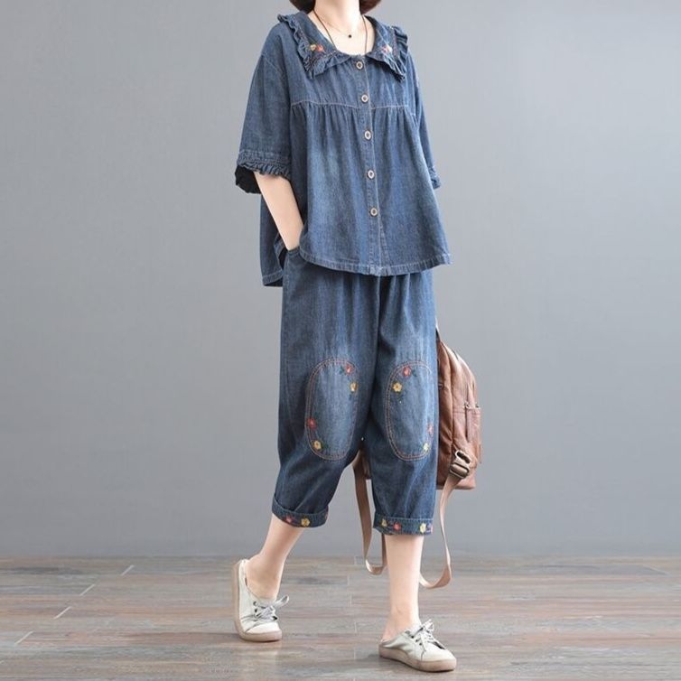 デニムセットアップ 花刺繍フリル襟デニムジャケットセットアップ