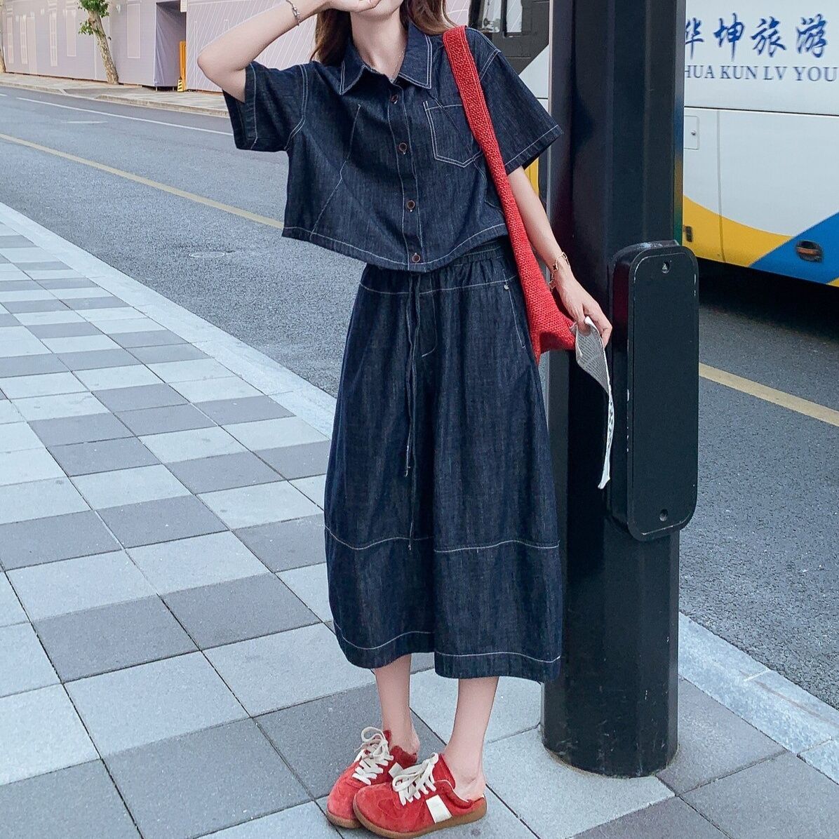 デニムセットアップ デニム半袖シャツとワイドパンツの上下セット