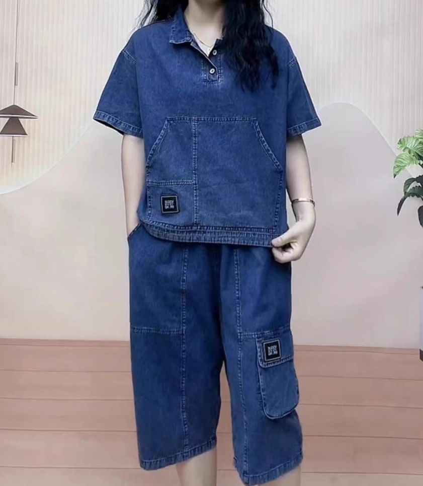 デニムセットアップ デニムポロ半袖トップス七分丈ワイドパンツ上下セット