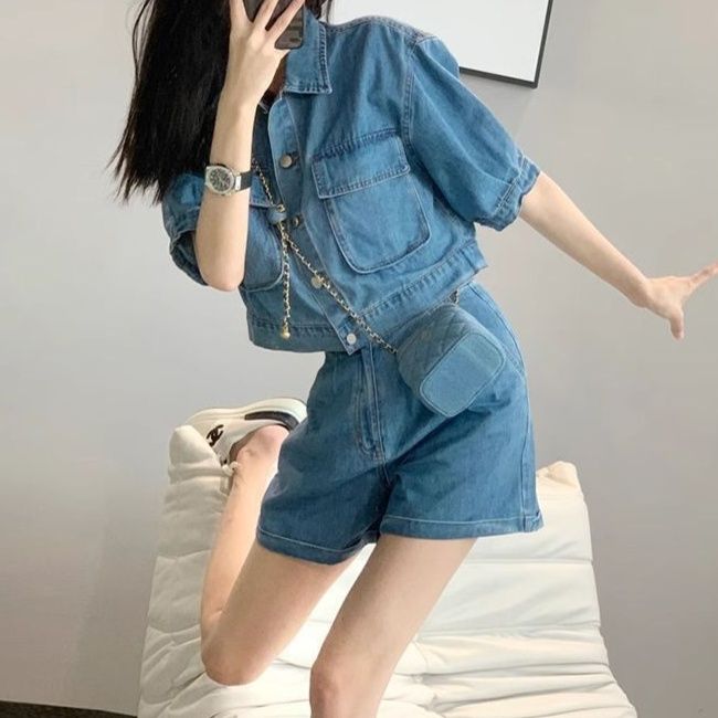 デニムセットアップ 半袖デニムジャケットとショートパンツの上下セット