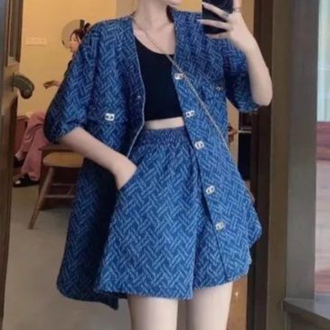 デニムセットアップ 総柄デニムジャケットとショートパンツのセットアップ
