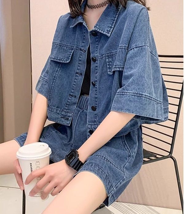 デニムセットアップ 半袖デニムジャケットとショートパンツのセットアップ