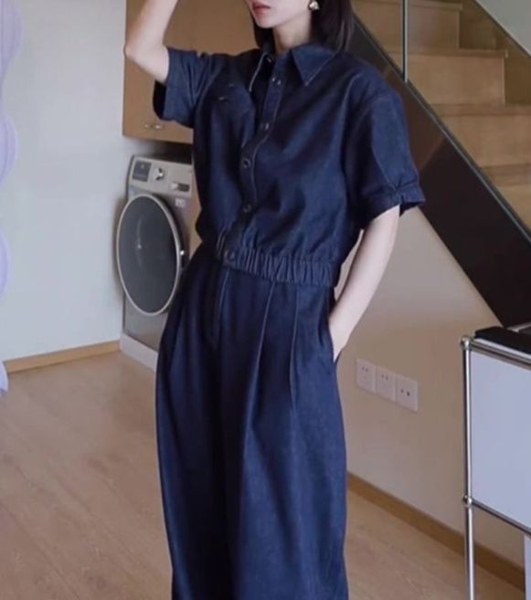 デニムセットアップ 半袖デニムジャケットワイドパンツ上下セット