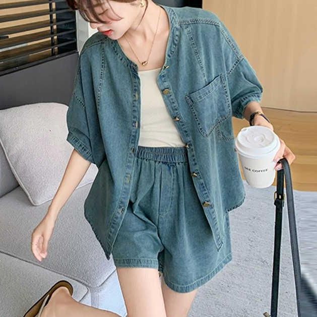 デニムセットアップ ノーカラーデニムジャケットショートパンツ上下セット