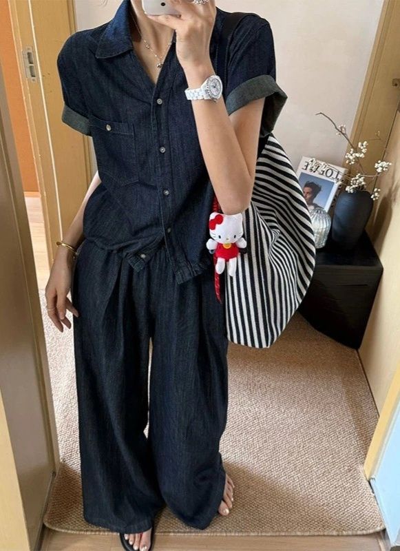 デニムセットアップ デニム半袖シャツとワイドパンツの上下セット