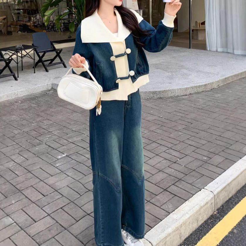 デニムセットアップ ニット切り替えデニムジャケットワイドパンツ上下セット