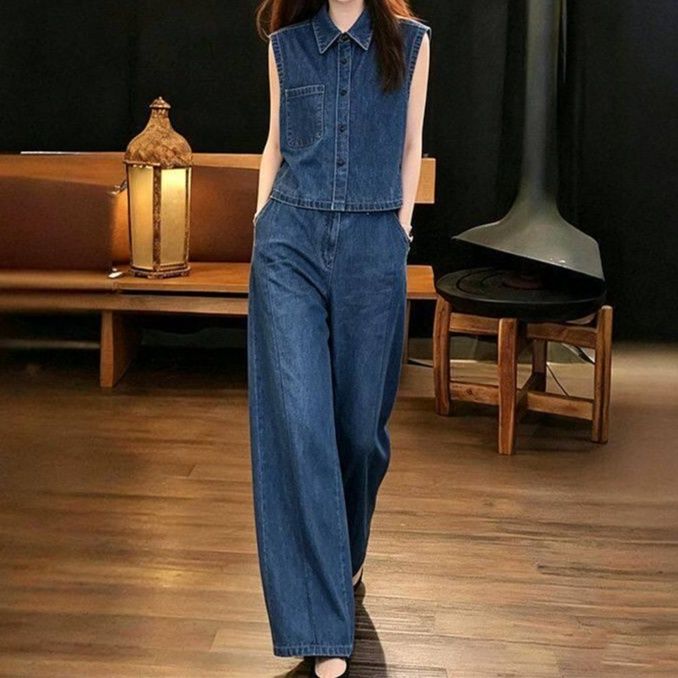 デニムセットアップ ノースリーブデニムジャケット ワイドパンツ上下セット