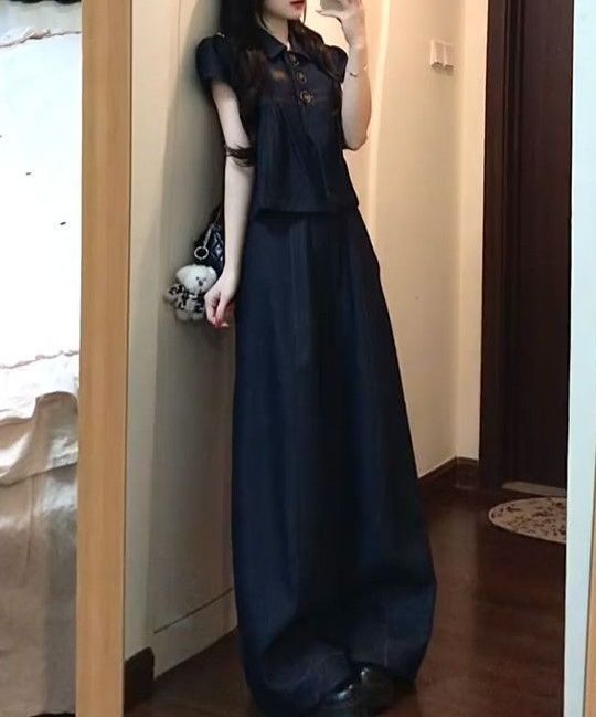 デニムセットアップ デニム素材半袖シャツとワイドパンツの上下セット